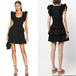 ULLA JOHNSON Hanna Ruffle-Trim Tiered Mini Dress Black Party Cic Cocktail Size 6